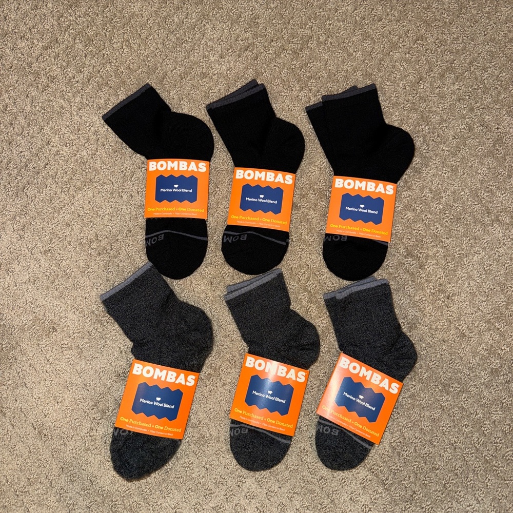Bombas 6-Pack Men’s Merino Wool Blend Quarter Length Socks In Black And Charcoal - Picture 2 of 5
